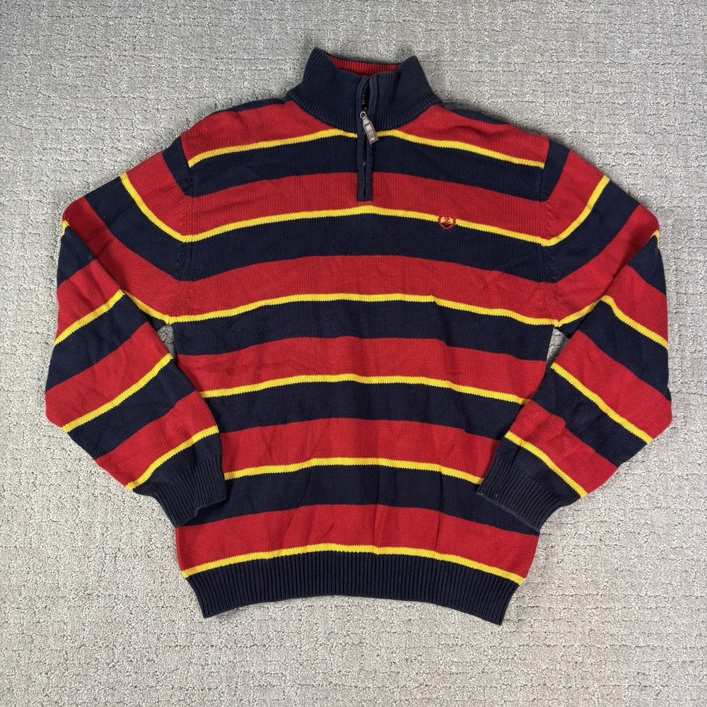 VTG IZOD Youth XL 1/4 Zip Sweater Red Navy Blue Yellow Striped Rugby Pullover